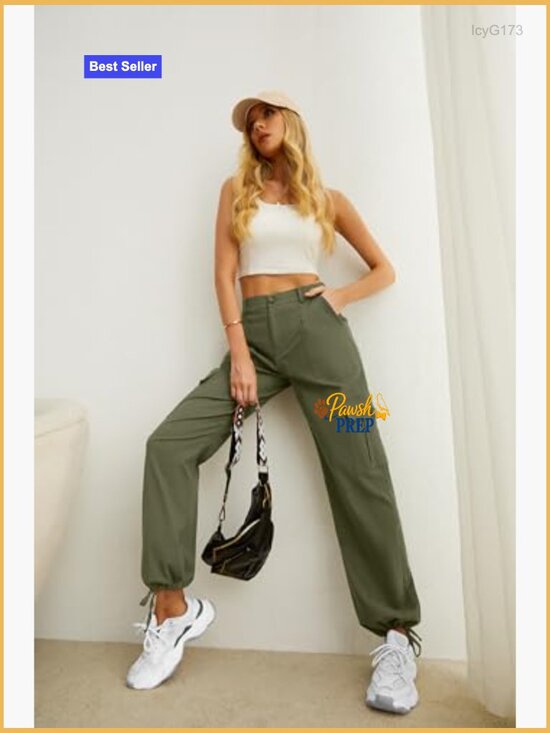 High Waisted Cargo Pants with 6 Pockets Stretchy Wide Leg Travel Streetwear - Picture 2 of 7